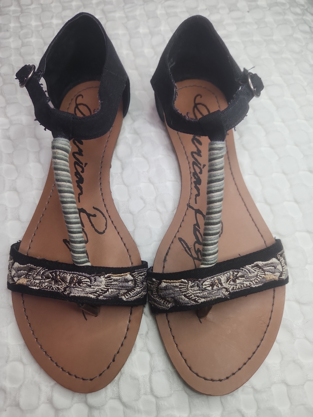 American Rag Cie Black and Tan Striped T‑Strap Sandals